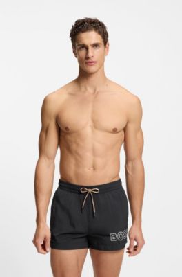 Boxer da mare con logo stampato a contorno, Nero
