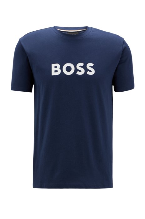 T-shirt relaxed fit in cotone con logo e protezione UPF 50+, Blu scuro