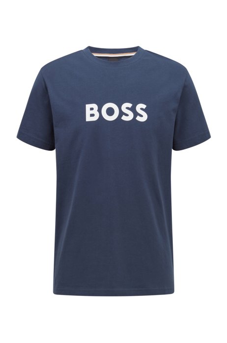 Camiseta relaxed fit en algodón con logo y protección solar UPF 50+, Azul oscuro