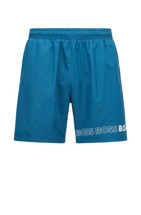 Recycled-material swim shorts with repeat logos, Blue