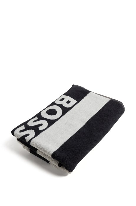 Cotton beach towel with logo and block stripes, White