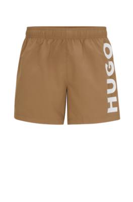 Hugo Recycled-material Swim Shorts With Logo Print In Brown