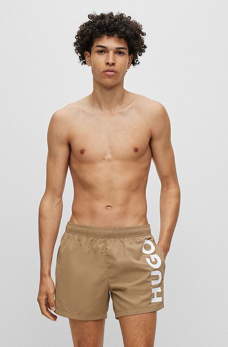 Recycled-material swim shorts with logo print, Beige