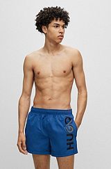 Recycled-material swim shorts with logo print, Dark Blue