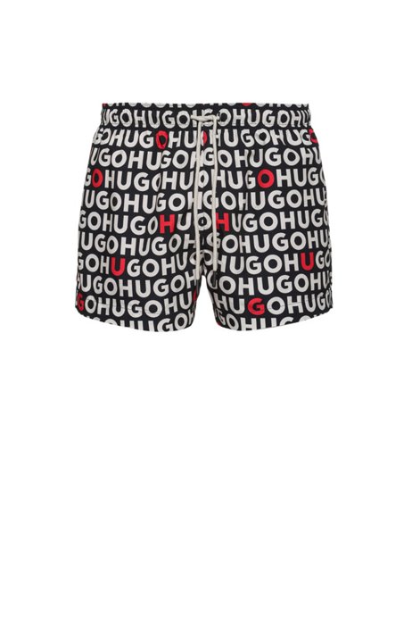 Quick-drying logo-print swim shorts in recycled material, Black