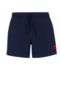 Quick-dry swim shorts with red logo label, Dark Blue