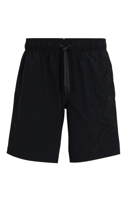 Recycled-material swim shorts with embroidered logo, Black