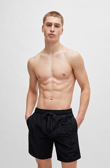 Fully lined swim shorts with 3D logo embroidery, Black