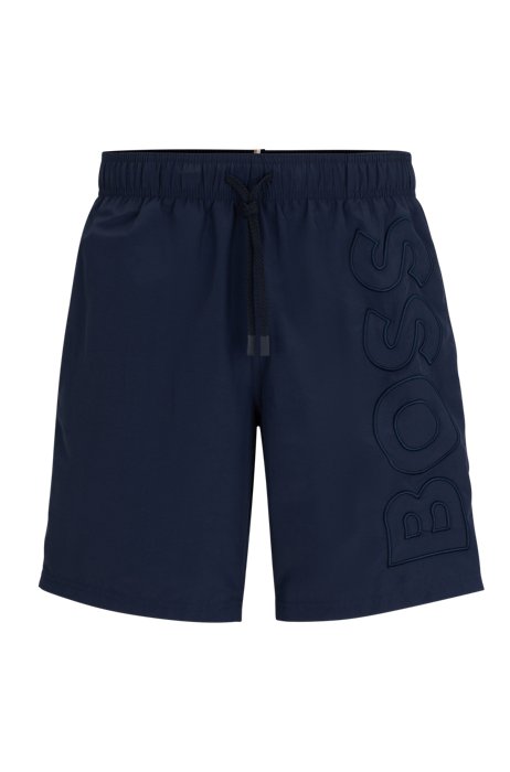 Recycled-material swim shorts with embroidered logo, Dark Blue