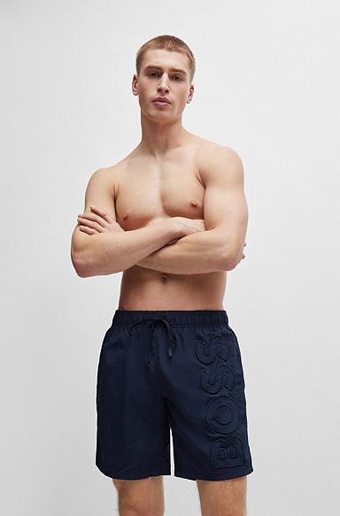 Quick-dry swim shorts with 3D logo embroidery, Dark Blue