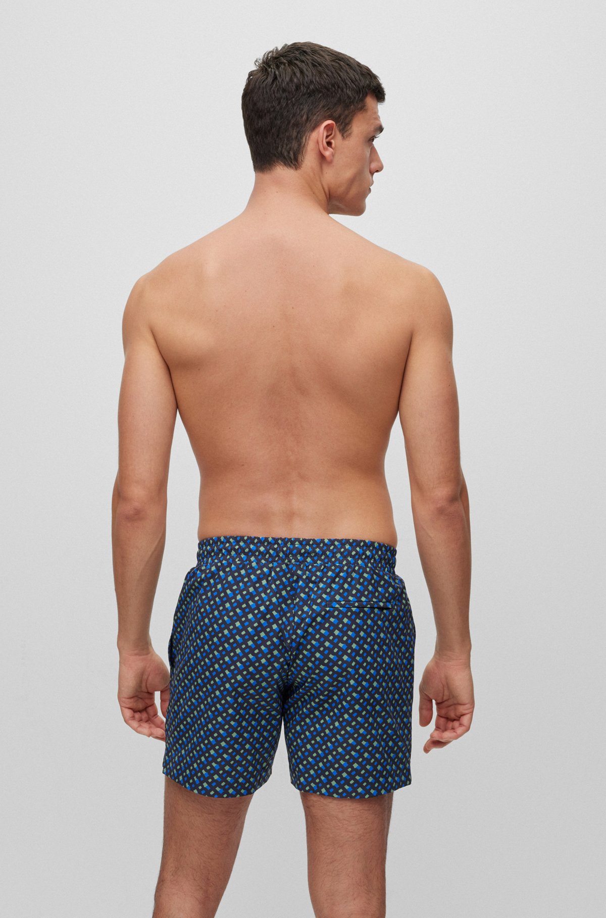 Quick-dry swim shorts with monogram print, Dark Blue
