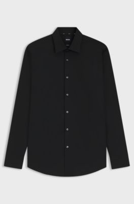 Slim-Fit Hemd aus elastischer Baumwoll-Popeline mit b&uuml;gelleichtem Finish, Schwarz