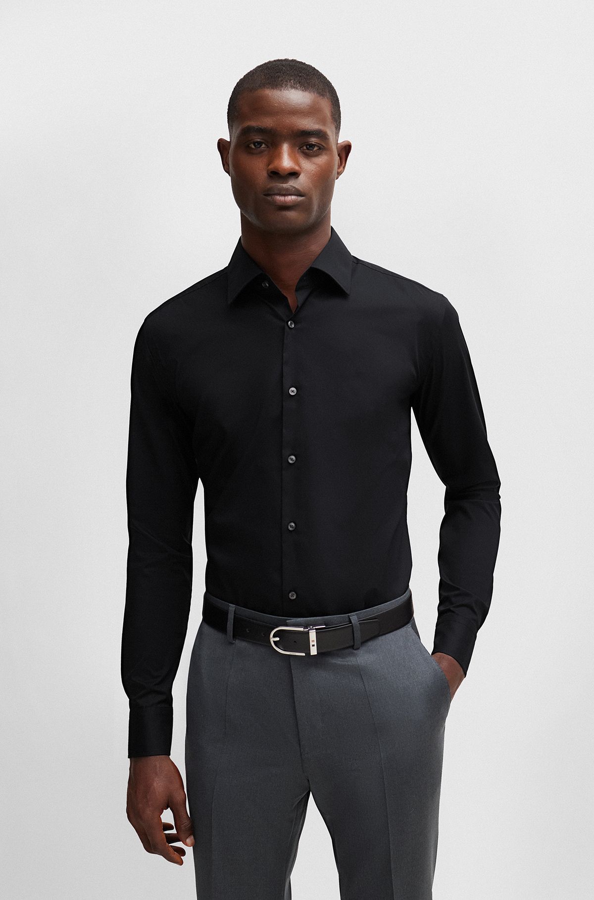 Slim-fit shirt in easy-iron stretch-cotton poplin, Black