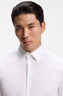 Camisa slim fit en popel&iacute;n de algod&oacute;n el&aacute;stico de planchado f&aacute;cil, Blanco