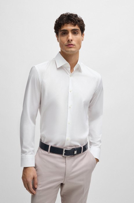 Slim-Fit Hemd aus bügelleichter elastischer Baumwoll-Popeline, Weiß