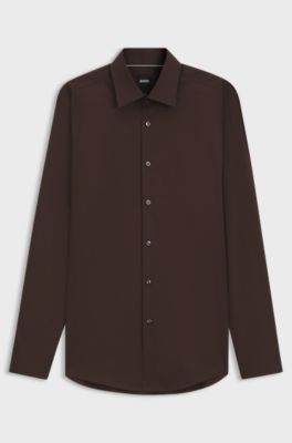 Camicia slim fit in popeline di cotone elasticizzato facile da stirare, Marrone scuro