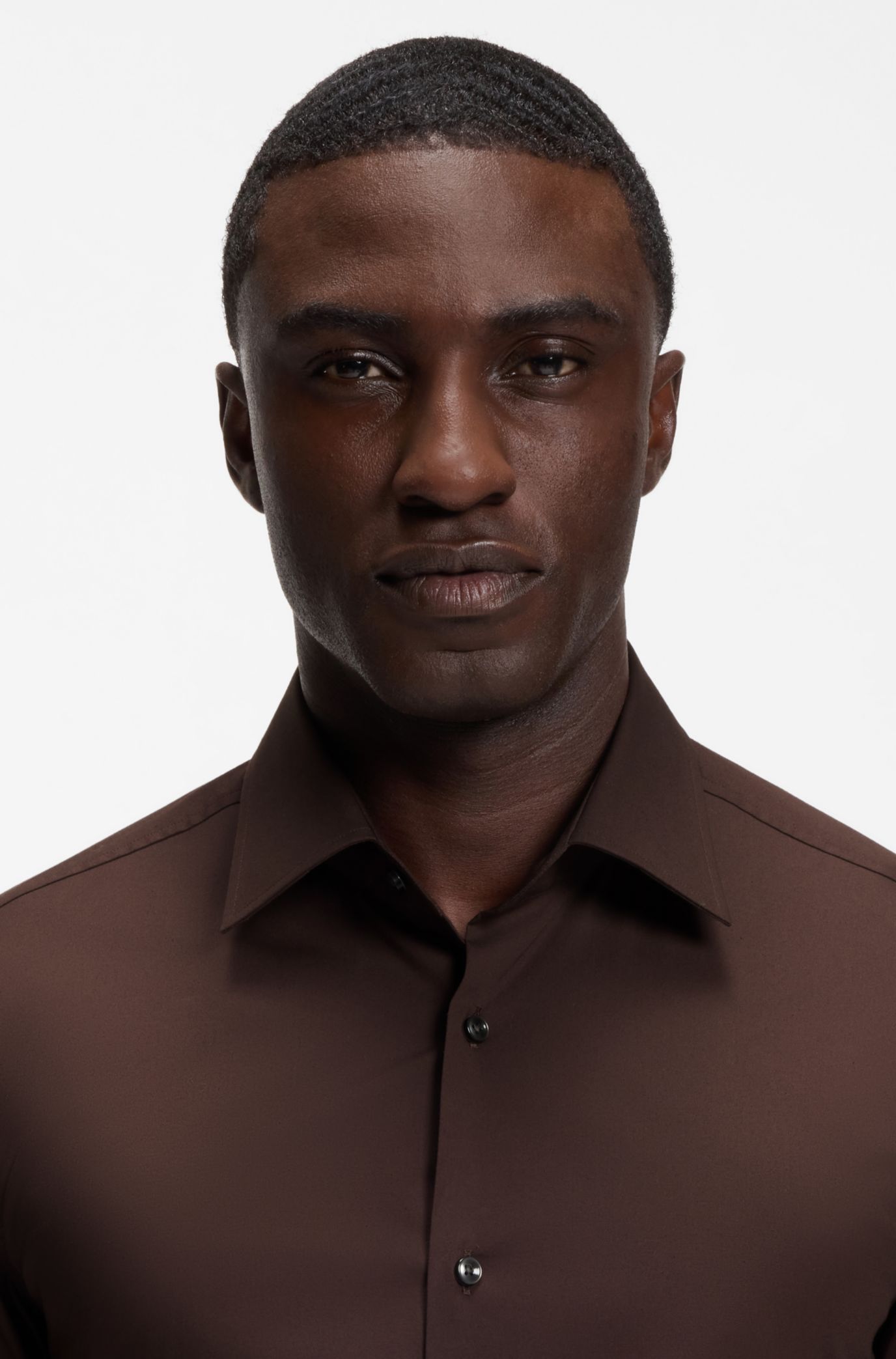 Slim-fit stretch-cotton shirt, Dark Brown