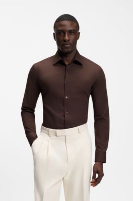 Camicia slim fit in popeline di cotone elasticizzato facile da stirare, Marrone scuro