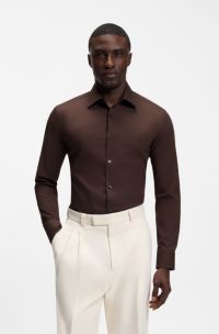 Slim-fit shirt in easy-iron stretch-cotton poplin, Dark Brown