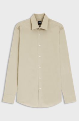 Slim-fit overhemd in gemakkelijk te strijken katoenen popeline met stretch, Lichtbeige