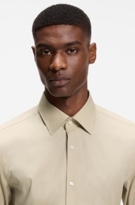 Slim-fit overhemd in gemakkelijk te strijken katoenen popeline met stretch, Lichtbeige