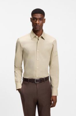 Slim-fit overhemd in gemakkelijk te strijken katoenen popeline met stretch, Lichtbeige