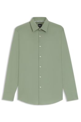 Slim-fit shirt in easy-iron stretch-cotton poplin, Light Green