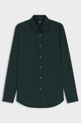 Slim-fit shirt in easy-iron stretch-cotton poplin, Dark Green