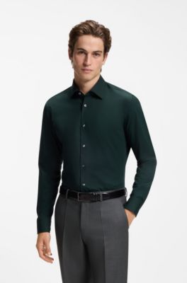 Chemise Slim Fit en popeline de coton stretch facile &agrave; repasser, Vert sombre