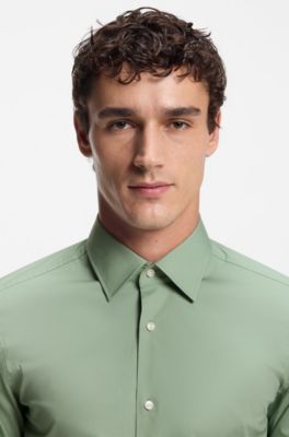 Slim-Fit Hemd aus elastischer Baumwoll-Popeline mit b&uuml;gelleichtem Finish, Hellgr&uuml;n