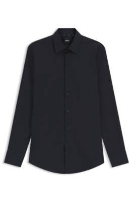 Boss Uomo Blu Scuro Camicia Slim Fit In Popeline Di Cotone Elasticizzato Facile Da Stirare