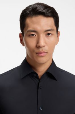 Slim-fit shirt in easy-iron stretch-cotton poplin, Dark Blue