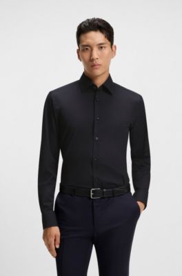 Slim-Fit Hemd aus elastischer Baumwoll-Popeline mit b&uuml;gelleichtem Finish, Dunkelblau