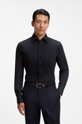 Slim-fit shirt in easy-iron stretch-cotton poplin, Dark Blue