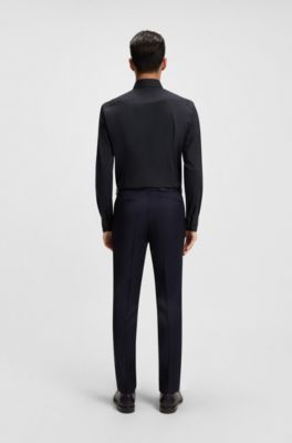 Slim-fit overhemd in gemakkelijk te strijken katoenen popeline met stretch, Donkerblauw