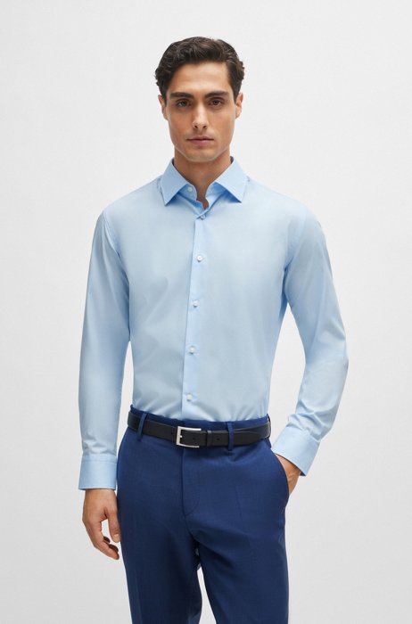 Slim-Fit Hemd aus bügelleichter elastischer Baumwoll-Popeline, Hellblau