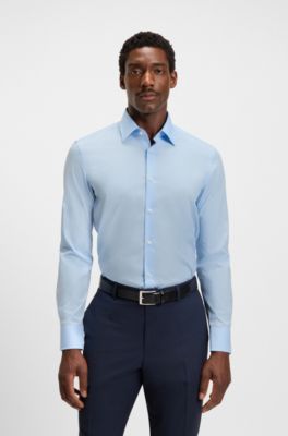 Camisa slim fit en popel&iacute;n de algod&oacute;n el&aacute;stico de planchado f&aacute;cil, Celeste
