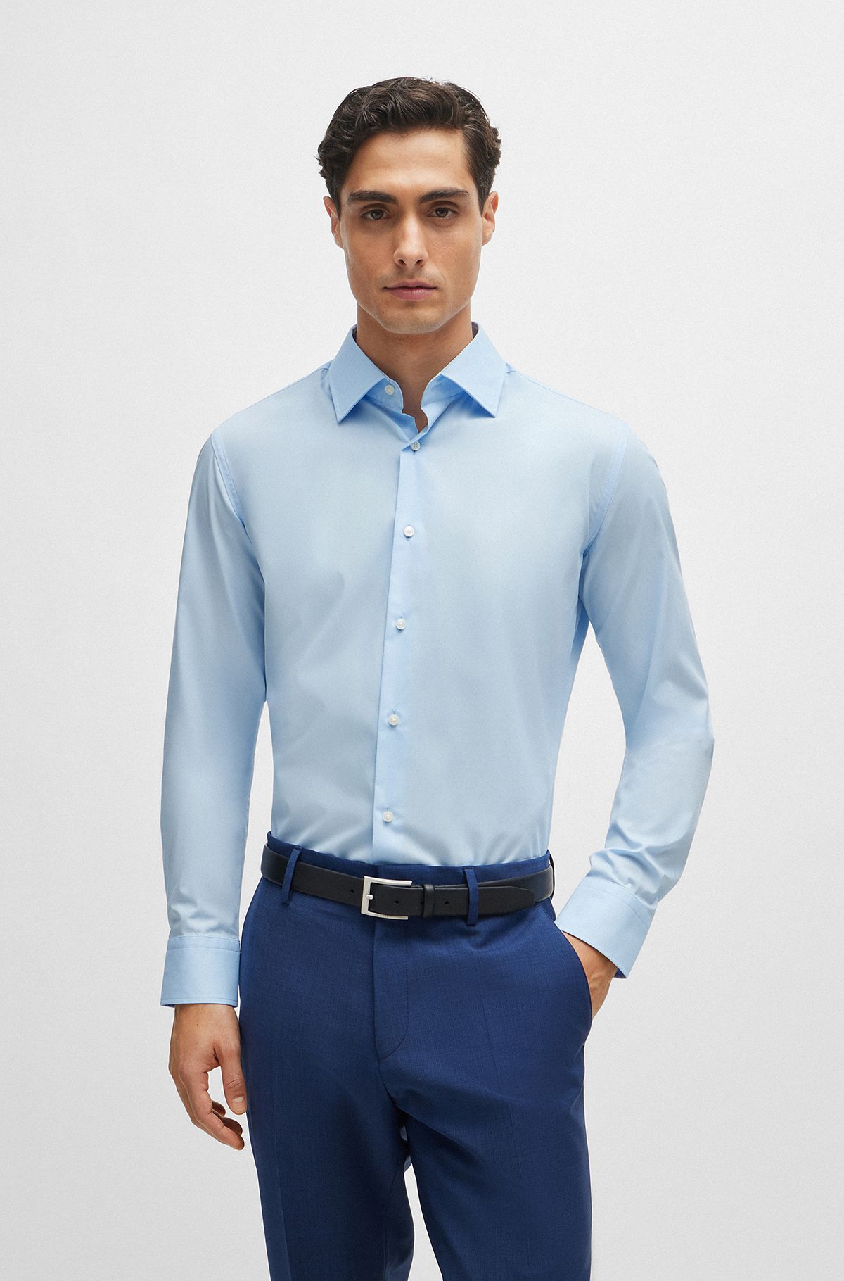 Slim-fit shirt in easy-iron stretch-cotton poplin, Light Blue