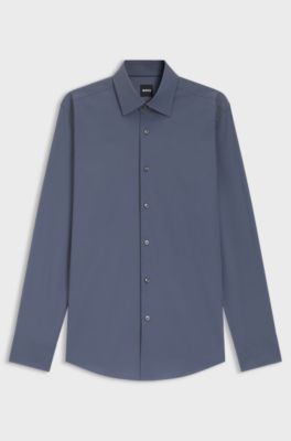 Camisa slim fit en popel&iacute;n de algod&oacute;n el&aacute;stico de planchado f&aacute;cil, Azul oscuro