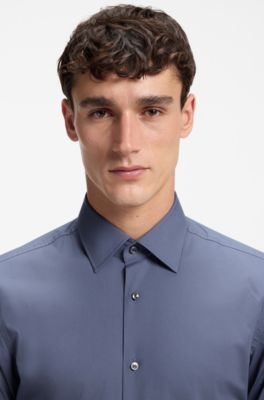 Camicia slim fit in popeline di cotone elasticizzato facile da stirare, Celeste