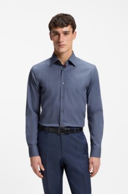 Slim-fit shirt in easy-iron stretch-cotton poplin, Dark Blue