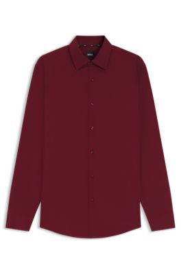 Slim-fit shirt in easy-iron stretch-cotton poplin, Dark Red