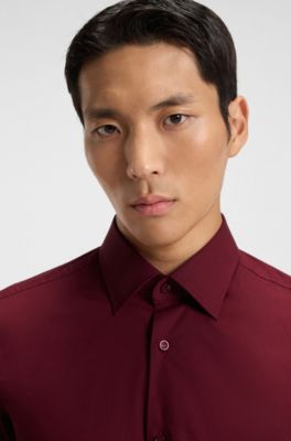 Slim-fit shirt in easy-iron stretch-cotton poplin, Dark Red