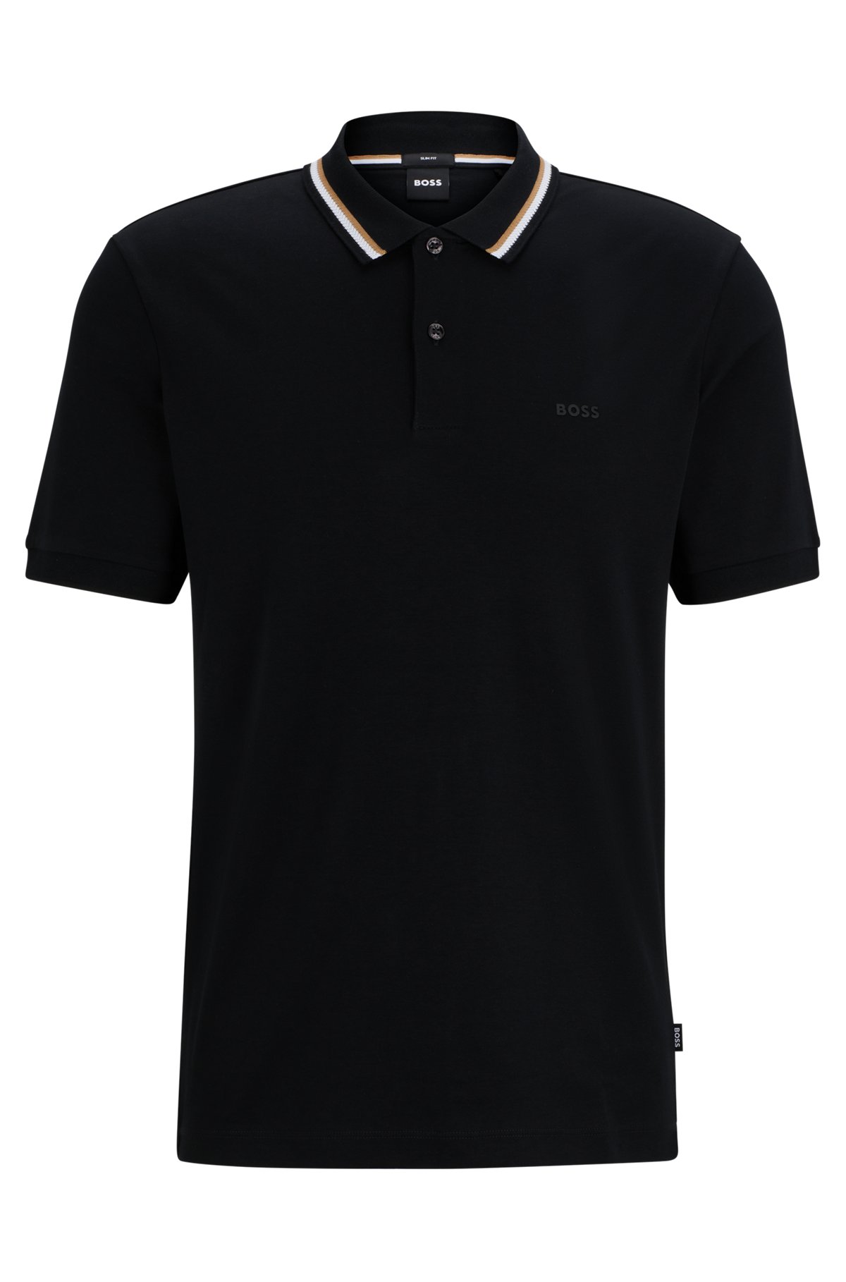 Slim-fit polo shirt in cotton with striped collar, Black