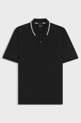 Slim-fit polo shirt in cotton with striped collar, Black