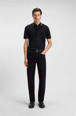 Slim-fit polo van katoen met gestreepte kraag, Zwart