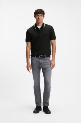 Slim-fit polo shirt in cotton with striped collar, Black