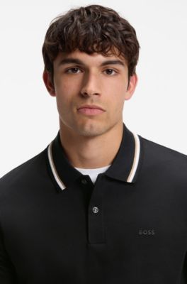 Slim-fit polo shirt in cotton with striped collar, Black