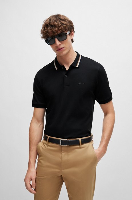 Slim-Fit Poloshirt aus Baumwolle mit gestreiftem Kragen, Schwarz