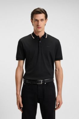 Polo slim fit in cotone con colletto a righe, Nero